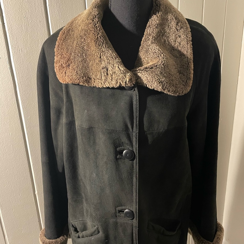 HIDE Society Women's Black Suede Shearling Coat with Brown Trim 8